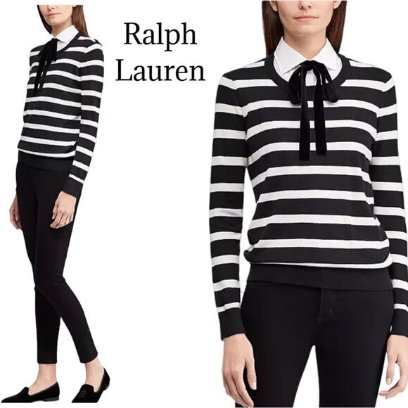 RALPH LAUREN Navy/Gray/White Layered-Look Tie-Neck Striped Sweater Sz S NWT - Picture 4 of 10